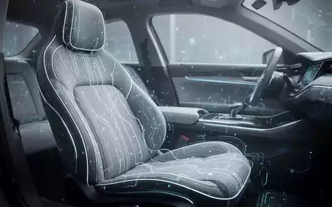 Ein futuristischer Autositz mit leuchtenden Linien, die künstliche Intelligenz und adaptive Technologie symbolisieren, in einer modernen Fahrzeugkabine. - Foto: über boerse-global.de