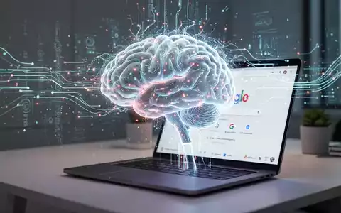 Leuchtendes KI-Gehirn über modernem Schreibtisch mit Laptop, symbolisiert Googles neue KI-Suche und Agent-Tools. - Foto: über boerse-global.de
