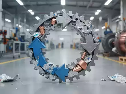 Ein Symbol für Kreislaufwirtschaft, bestehend aus Zahnrädern und Pfeilen, integriert mit Industrieanlagen und recycelten Materialien. - Foto: über boerse-global.de