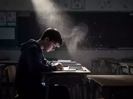 Ein einsamer, stilisierter Schüler sitzt an einem Schreibtisch in einem schwach beleuchteten Klassenzimmer, den Kopf gesenkt, was Isolation und Druck symbolisiert. - Foto: über boerse-global.de