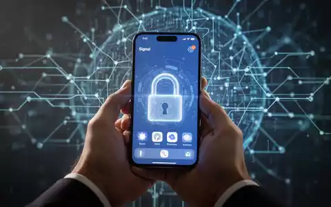 Hände halten ein Smartphone mit der Signal-App und einem digitalen Vorhängeschloss, das sichere Nachrichtenübermittlung und Privatsphäre symbolisiert. - Foto: über boerse-global.de