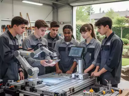 Eine Gruppe von Auszubildenden arbeitet in einem modernen Workshop mit Robotern und Maschinen, symbolisierend berufliche Bildung und Innovation. - Foto: über boerse-global.de