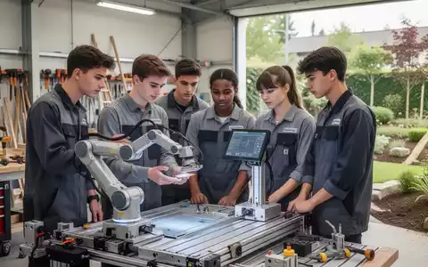 Eine Gruppe von Auszubildenden arbeitet in einem modernen Workshop mit Robotern und Maschinen, symbolisierend berufliche Bildung und Innovation. - Foto: über boerse-global.de