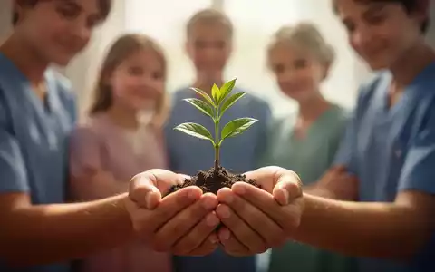 Eine junge Person hält eine kleine Pflanze, mit verschwommenen Familienmitgliedern im Hintergrund, die Unterstützung symbolisieren. - Foto: über boerse-global.de