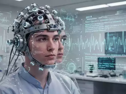 Eine Person trägt einen futuristischen MEG-Helm, umgeben von digitalen Visualisierungen von Gehirnströmen, die in Text umgewandelt werden. - Foto: über boerse-global.de
