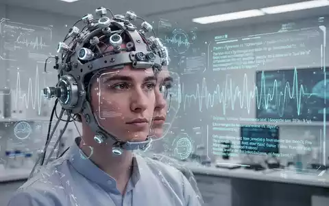 Eine Person trägt einen futuristischen MEG-Helm, umgeben von digitalen Visualisierungen von Gehirnströmen, die in Text umgewandelt werden. - Foto: über boerse-global.de
