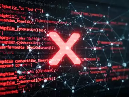Glühender roter Malware-Code auf dunklem Bildschirm mit 'X'-Logo, Symbol für Cyberbedrohung über soziale Medien. - Foto: über boerse-global.de