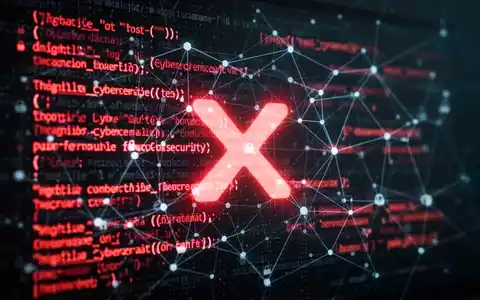Glühender roter Malware-Code auf dunklem Bildschirm mit 'X'-Logo, Symbol für Cyberbedrohung über soziale Medien. - Foto: über boerse-global.de