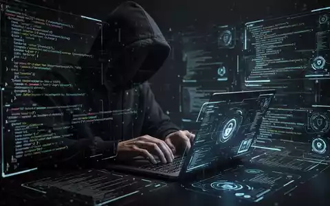 Person in Kapuzenjacke tippt auf Laptop, umgeben von Codezeilen und digitalen Schnittstellen, symbolisiert Cyberkriminalität. - Foto: über boerse-global.de