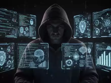 Eine schattige Figur im Kapuzenpulli vor holografischen Bildschirmen mit Cyberbedrohungen und Daten, die Cybersicherheit symbolisieren. - Foto: über boerse-global.de