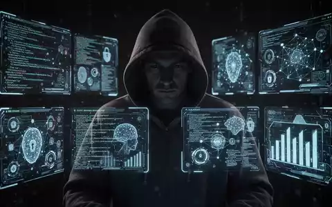 Eine schattige Figur im Kapuzenpulli vor holografischen Bildschirmen mit Cyberbedrohungen und Daten, die Cybersicherheit symbolisieren. - Foto: über boerse-global.de