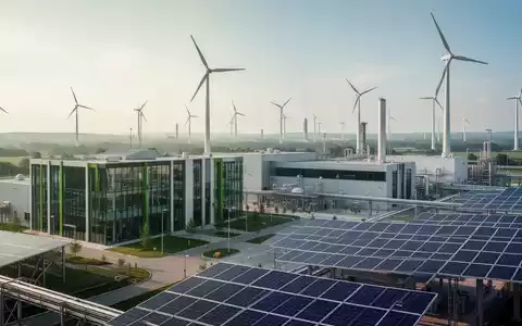 Eine futuristische Industrieanlage mit Solarpaneelen und Windturbinen im Hintergrund, symbolisiert nachhaltige Produktion und grüne Energie. - Foto: über boerse-global.de