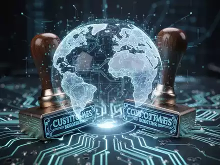 Eine futuristische, leuchtende Leiterplatte, die in einen traditionellen Zollstempel oder eine Weltkugel integriert ist, symbolisiert KI-Automatisierung im Zollprozess. - Foto: über boerse-global.de