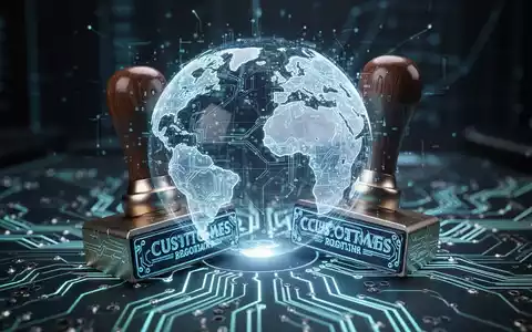 Eine futuristische, leuchtende Leiterplatte, die in einen traditionellen Zollstempel oder eine Weltkugel integriert ist, symbolisiert KI-Automatisierung im Zollprozess. - Foto: über boerse-global.de