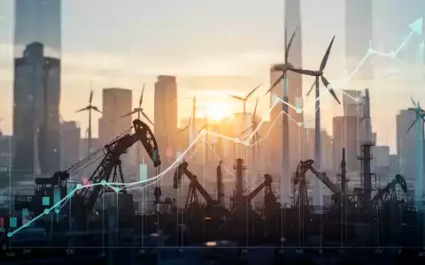Ein stilisierter, aufwärts gerichteter Börsenchart, überlagert von Silhouetten industrieller Maschinen und Windturbinen, vor einer Stadtlandschaft im Morgengrauen. - Foto: über boerse-global.de