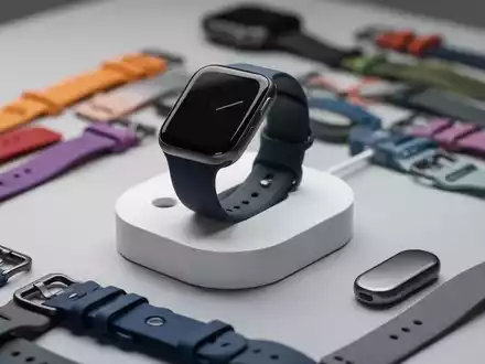 Nahaufnahme einer modernen Smartwatch auf einer Ladestation, umgeben von bunten Armbändern und einem kleinen Tracker. - Foto: über boerse-global.de