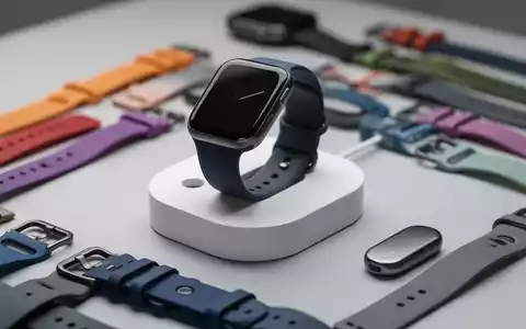 Nahaufnahme einer modernen Smartwatch auf einer Ladestation, umgeben von bunten Armbändern und einem kleinen Tracker. - Foto: über boerse-global.de