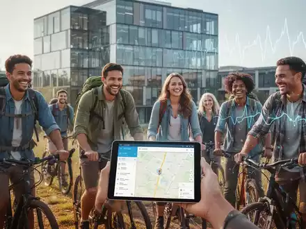 Eine Gruppe lachender Angestellter bei Outdoor-Aktivitäten wie Wandern oder Radfahren, mit Tablet und Navigations-App. - Foto: über boerse-global.de