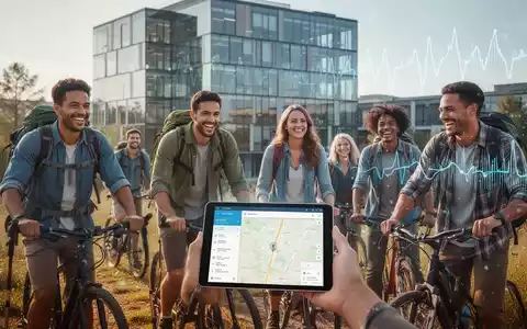 Eine Gruppe lachender Angestellter bei Outdoor-Aktivitäten wie Wandern oder Radfahren, mit Tablet und Navigations-App. - Foto: über boerse-global.de