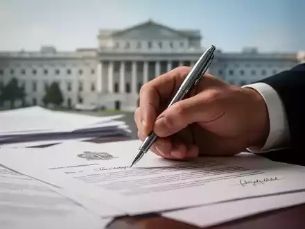 Eine Hand unterschreibt ein wichtiges Dokument mit einem Stift, umgeben von verschwommenen Papieren und einem Regierungsgebäude im Hintergrund. - Foto: über boerse-global.de