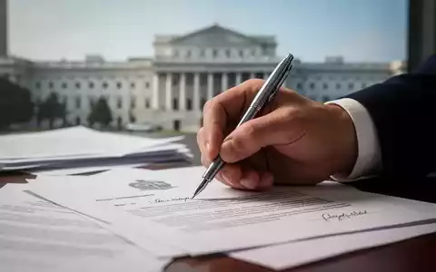Eine Hand unterschreibt ein wichtiges Dokument mit einem Stift, umgeben von verschwommenen Papieren und einem Regierungsgebäude im Hintergrund. - Foto: über boerse-global.de