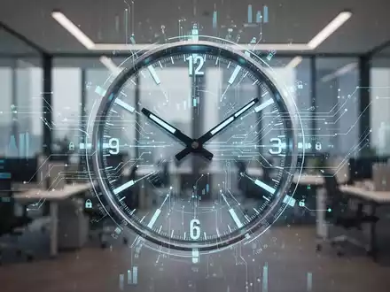 Eine stilisierte Uhr mit digitalen Elementen über einem modernen Büro, das flexible Arbeitszeiten und Zeiterfassung symbolisiert. - Foto: über boerse-global.de
