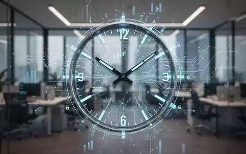 Eine stilisierte Uhr mit digitalen Elementen über einem modernen Büro, das flexible Arbeitszeiten und Zeiterfassung symbolisiert. - Foto: über boerse-global.de