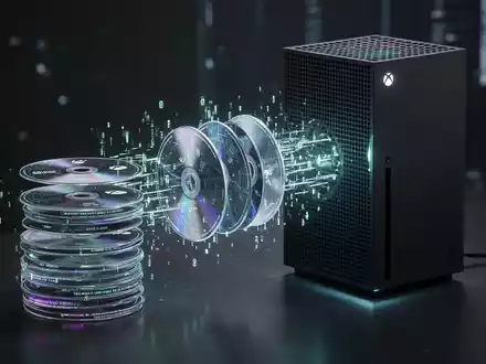 Xbox Series X Konsole mit digitalem Licht, umgeben von Spiel-Discs, die digital in die Konsole aufgenommen werden. - Foto: über boerse-global.de