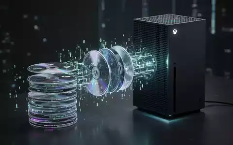 Xbox Series X Konsole mit digitalem Licht, umgeben von Spiel-Discs, die digital in die Konsole aufgenommen werden. - Foto: über boerse-global.de