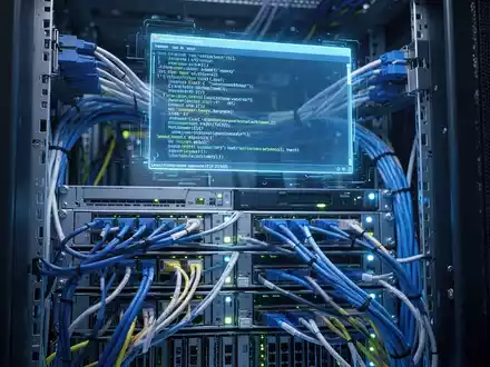 Serverrack mit blauen Lichtern und holografischem Linux-Terminal, Cloud-Computing und Open-Source-Betriebssysteme darstellend. - Foto: über boerse-global.de