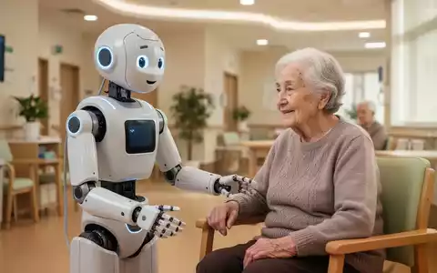 Ein humanoider Roboter interagiert sanft mit einem älteren Menschen in einer modernen Pflegeeinrichtung, symbolisierend KI-Unterstützung. - Foto: über boerse-global.de