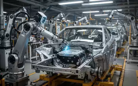 Ein humanoider Roboter arbeitet an einem Elektrofahrzeug in einer Fertigungsstraße, umgeben von modernster Produktionstechnologie. - Foto: über boerse-global.de
