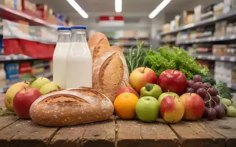 Nahaufnahme von Grundnahrungsmitteln wie Brot, Milch und Gemüse auf einem Holztisch, die die Umsatzsteuersenkung in Österreich symbolisieren. - Foto: über boerse-global.de