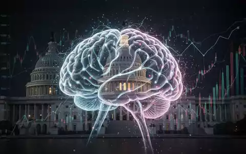 Abstrakte Darstellung eines KI-Neuronalen Netzes, verwoben mit dem US-Kapitol und Finanzdaten, symbolisiert die Schnittstelle von KI, Regierung und Finanzen. - Foto: ĂŒber boerse-global.de