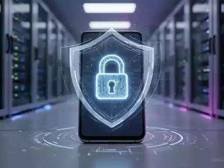 Ein futuristisches Smartphone mit einem leuchtenden digitalen Vorhängeschloss auf dem Bildschirm, umgeben von einem schützenden Schildeffekt. - Foto: über boerse-global.de