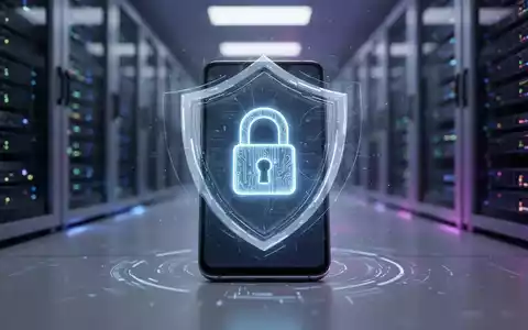 Ein futuristisches Smartphone mit einem leuchtenden digitalen Vorhängeschloss auf dem Bildschirm, umgeben von einem schützenden Schildeffekt. - Foto: über boerse-global.de