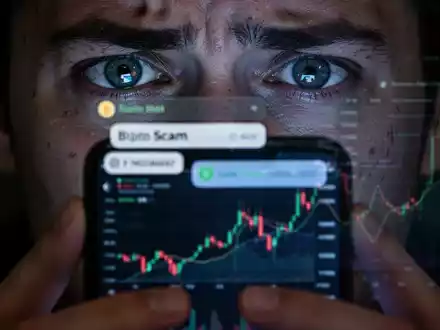 Hände halten ein Smartphone, der Bildschirm zeigt betrügerische Nachrichten und Diagramme, die sich in den Augen der Person spiegeln. - Foto: über boerse-global.de