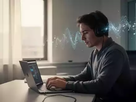 Eine Person mit Kopfhörern arbeitet konzentriert an einem Laptop in einem modernen, minimalistischen Büro. Ruhige, produktive Atmosphäre. - Foto: über boerse-global.de