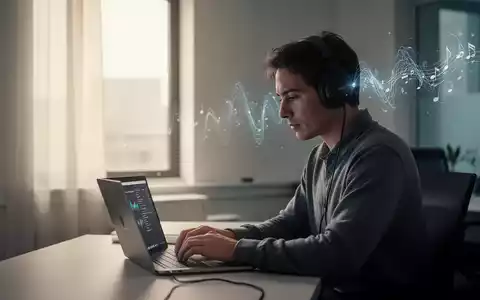 Eine Person mit Kopfhörern arbeitet konzentriert an einem Laptop in einem modernen, minimalistischen Büro. Ruhige, produktive Atmosphäre. - Foto: über boerse-global.de