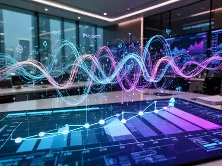 Abstrakte Visualisierung von KI-Algorithmen und komplexen Datenströmen, die eine holografische Projektzeitleiste überlagern. - Foto: über boerse-global.de