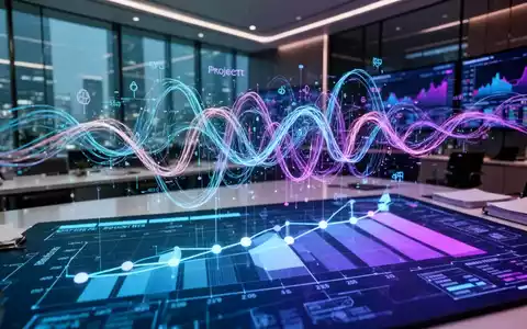 Abstrakte Visualisierung von KI-Algorithmen und komplexen Datenströmen, die eine holografische Projektzeitleiste überlagern. - Foto: über boerse-global.de
