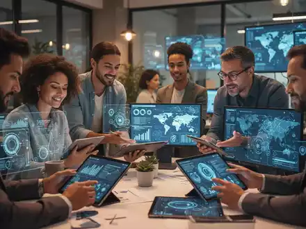Kleinunternehmer arbeiten in einem modernen Büro zusammen, besprechen E-Commerce, Cybersicherheit und globale Expansion auf Tablets. - Foto: über boerse-global.de