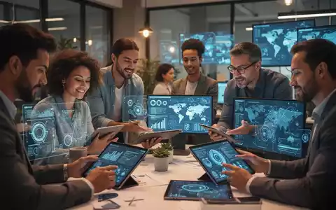 Kleinunternehmer arbeiten in einem modernen Büro zusammen, besprechen E-Commerce, Cybersicherheit und globale Expansion auf Tablets. - Foto: über boerse-global.de