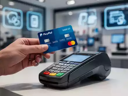 Eine Hand hält eine PayPal-Debitkarte über ein Zahlungsterminal in einem modernen Einzelhandelsumfeld, symbolisiert digitale Transaktionen und Finanzdienstleistungen. - Foto: über boerse-global.de