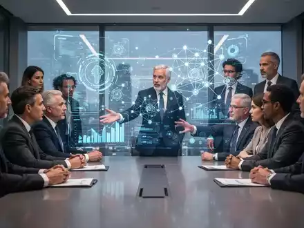 Führungskräfte besprechen in einem modernen Konferenzraum holografische Datenvisualisierungen und KI-Netzwerkknoten. - Foto: über boerse-global.de