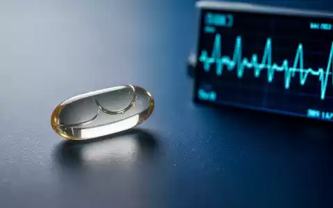 Eine Nahaufnahme einer silbernen Fischölkapsel neben einem unscharfen Herzmonitor auf einem dunklen, medizinischen Hintergrund. - Foto: über boerse-global.de