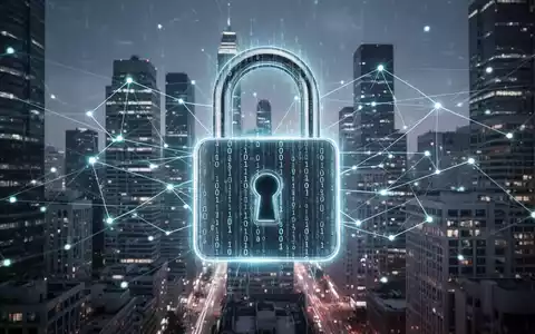 Leuchtendes digitales Vorhängeschloss als Symbol für Cybersicherheit, über einer futuristischen Stadtsilhouette mit vernetzten Finanzgebäuden. - Foto: über boerse-global.de