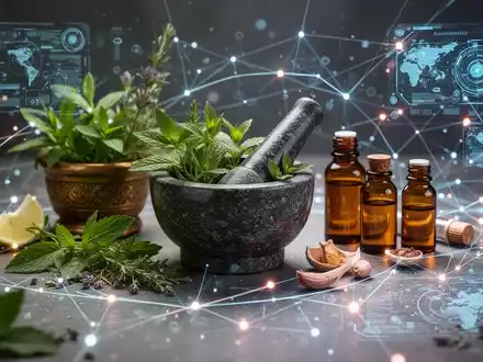 Eine moderne Darstellung traditioneller ayurvedischer Elemente wie Kräuter und Öle, verbunden mit abstrakten globalen Netzwerken. - Foto: über boerse-global.de