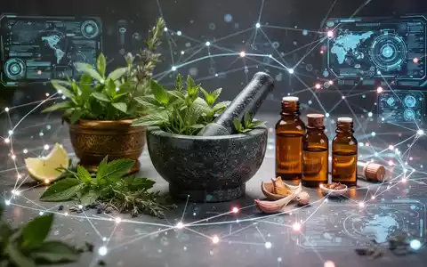 Eine moderne Darstellung traditioneller ayurvedischer Elemente wie Kräuter und Öle, verbunden mit abstrakten globalen Netzwerken. - Foto: über boerse-global.de
