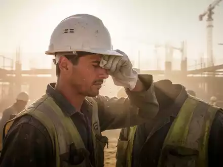 Bauarbeiter wischt sich auf einer Baustelle unter sengender Sonne Schweiß von der Stirn, mit Hitzeflimmern im Hintergrund. - Foto: über boerse-global.de